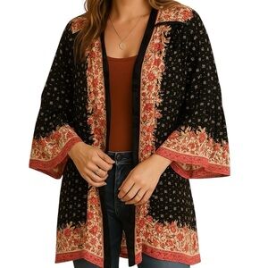 Angie Womens Floral Kimono Cardigan Size L Black Pink Open Front Boho Hippie